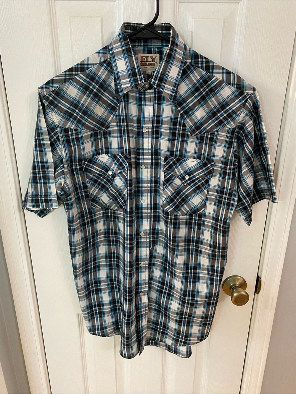 Ely Cattleman Western Pearl Snap Plaid Shirt Small Blue Gray Short Sleeve Cowboy